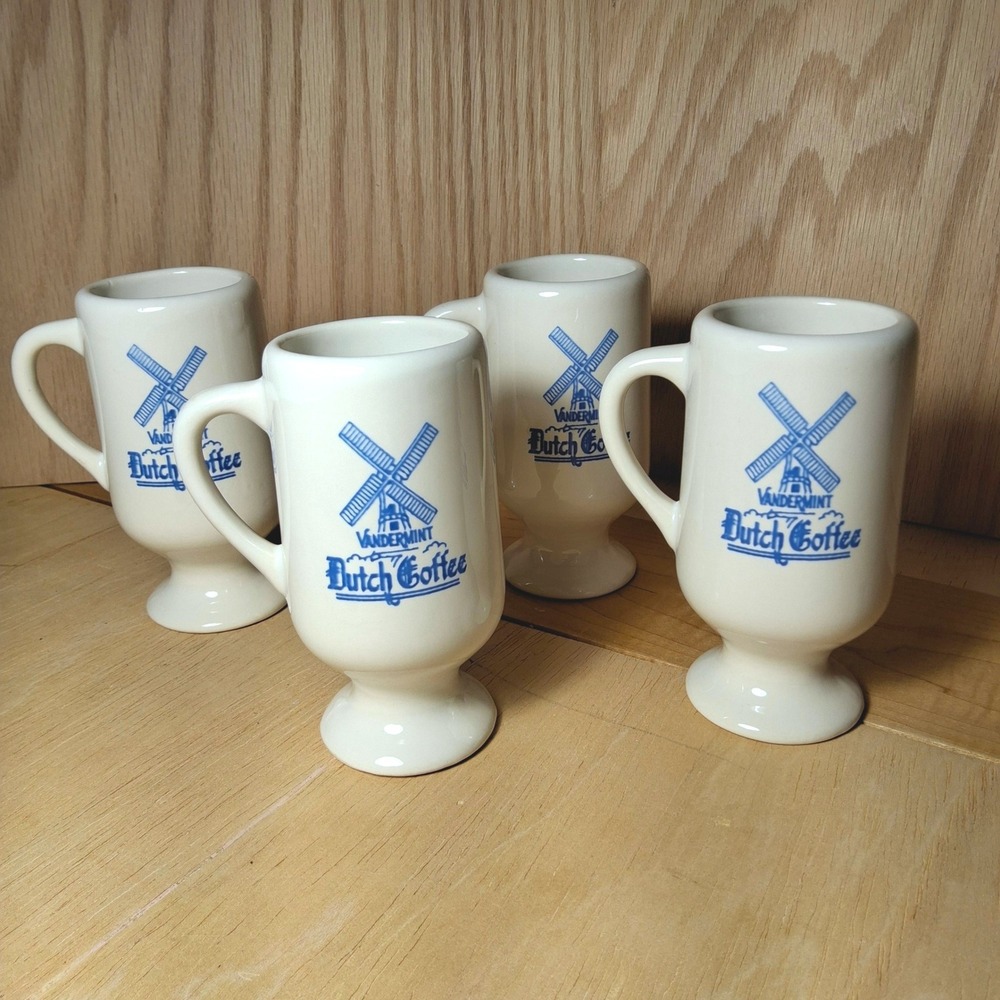 4 Vandermint Dutch Coffee Mugs White Blue Excellent Footed Pedastal 4oz Vintage